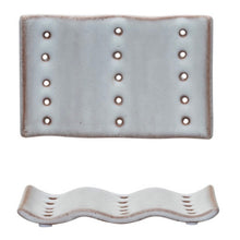 Load image into Gallery viewer, A light gray stoneware soap dish with 3 rows of vertical dots, from an overhead view and a side view. Against a white background. 