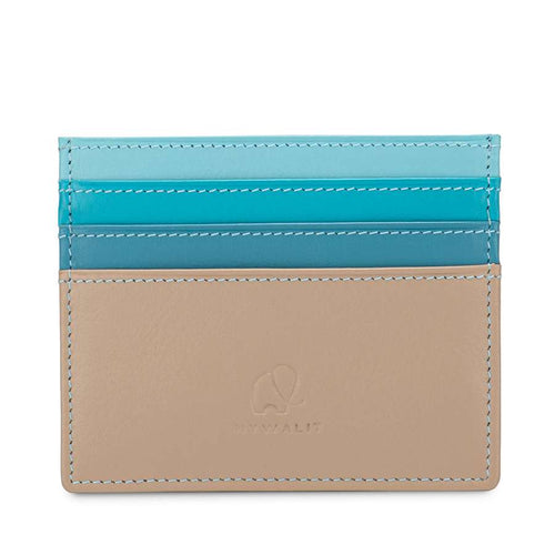 A slim leather credit card holder featuring   blues and beige colors on a white background.