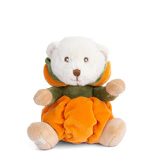 Load image into Gallery viewer, White plush bear with cream-colored hands and feet, dressed in a soft orange pumpkin costume with a green center and an adjustable orange-and-green hood that is not pulled up. Bear is sitting against a white background.