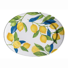 Load image into Gallery viewer, White melamine oval serving platter with a yellow lemon and green leaf pattern, displayed on a white background.  