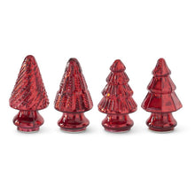 Load image into Gallery viewer, Mercury Glass Holiday Trees Set, four ruby red mercury glass trees arranged in a row, featuring a spiral-textured cone, a vertically textured cone, a ribbed four-tier tree, and a smooth faceted three-tier tree, each on a rounded pedestal base against a white background.