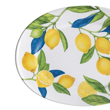 Load image into Gallery viewer, White melamine oval serving platter with a yellow lemon and green leaf pattern, displayed on a white background. 