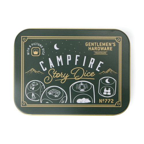 Green tin box with white and yellow line drawings of dice and mountains in a night sky. Text reads Campfire Story Dice. White background.