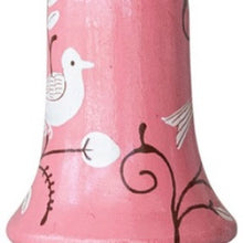Load image into Gallery viewer, Pink wooden bell ornament with a white bird and botanical design, shown up close against a white background. 
