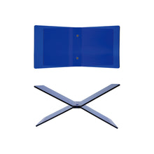 Load image into Gallery viewer, Blue Acrylic Book Holder, transparent blue acrylic panels with interlocking X-shaped design shown in top-down and front views, on white background.