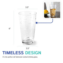 Load image into Gallery viewer, Clear embossed fish highball glass with labeled dimensions shown in a product measurement graphic. 