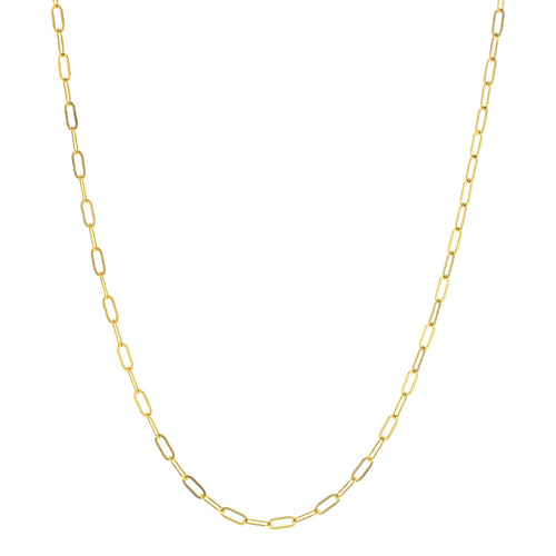 Gold paperclip chain necklace. White background. 