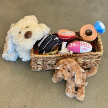 Load image into Gallery viewer, Assorted plush dog toys arranged in a rectangular woven basket on a tan surface.