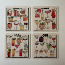 Load image into Gallery viewer, Set of four square cocktail coasters with colorfully illustrated mixed drinks labeled bourbon, tequila, vodka, and gin, displayed on a white background. 