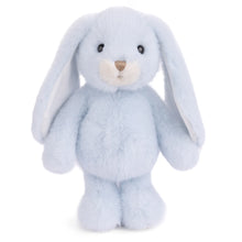 Load image into Gallery viewer, Jumpy Bunny soft blue plushie with long floppy ears, white muzzle, small tan nose, and fluffy rounded body displayed on a white background.