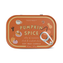 Load image into Gallery viewer, Paddywax Pumpkin Spice candle in an oval shaped tin with a pumpkin theme design. Tin is orange colored with a cream colored trim and has a faux silver pull tab. Pumpkin theme designs include: pumpkins, gourds, pumpkin pie, cinnamon sticks, cloves, and a cup of coffee. Also on the tin is  &quot;PADDYWAX&quot;, &quot;PUMPKIN SPICE&quot;, and &quot;SOY WAX CANDLE&quot; text in yellow.  On a white background.