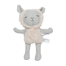 Load image into Gallery viewer, Gray-and-cream fabric sheep doll with a fluffy textured body and black embroidered sleepy eyes, displayed against a white background.
