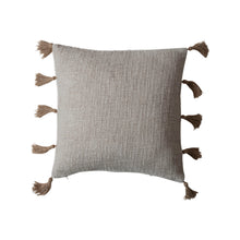 Load image into Gallery viewer, Natural Linen Pillow, neutral-tone linen and cotton pillow with five jute tassels on each side against white background. 