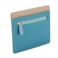 Load image into Gallery viewer, A blue and beige  leather passport wallet with a zipper closure, on a white background.