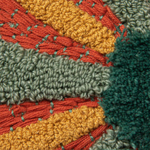 Load image into Gallery viewer, Up close image of a tufted fabric with greens, orange, and yellow colors.