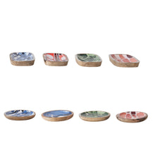 Load image into Gallery viewer, Set of eight small decorative enamel dishes, from the side angle, with colorful patterns and wooden bottoms on a white background. Top four are rectangular shaped in shades of blue and white, shades of pink and white, shades of green, and shades of pink and white. Bottom four are round in shades of blue and white, blue and white, shades of green, and shades of pink and white.