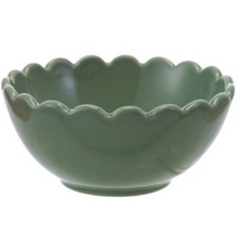 Load image into Gallery viewer, Green stoneware bowl with a scalloped rim displayed against a white background.