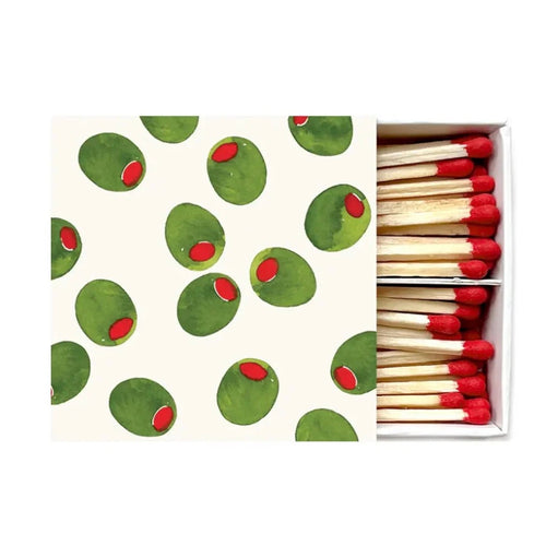 Matchbox with green olive pattern on the cover and red tipped matches inside.