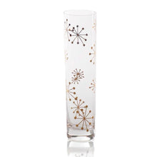 Load image into Gallery viewer, Clear glass champagne flute with gold starburst decals displayed on a white background.
