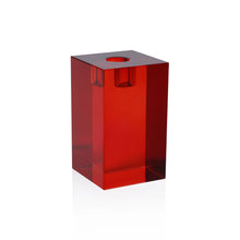 Load image into Gallery viewer, Single large red square shaped crystal glass taper candle holder displayed against a white background. 