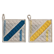 Load image into Gallery viewer, Two square potholders with diagonal stripes in blue and yellow colors, each with a loop for hanging, on a white background.