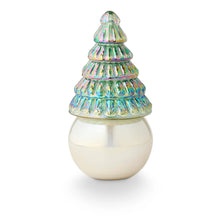 Load image into Gallery viewer, Fresh Balsam Pearl Tree Candle, round smooth pearl-finish glass vessel base topped with a cone-shaped tree lid featuring ribbed tiers and an iridescent green finish with pink and gold sheen, against a white background. 