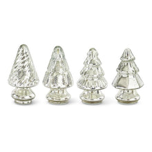 Load image into Gallery viewer, Mercury Glass Holiday Trees Set, four silver mercury glass trees arranged in a row, featuring a spiral-textured cone, a vertically textured cone, a ribbed four-tier tree, and a smooth faceted three-tier tree, each on a rounded pedestal base against a white background.