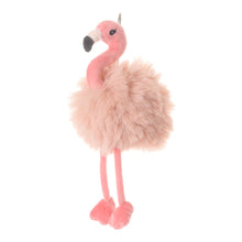 Load image into Gallery viewer, A pink plush flamingo with a fuzzy mauve- colored middle and pink long legs. Displayed hanging against a  white background.