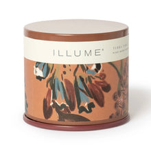 Load image into Gallery viewer, Terra Tabac Vanity Tin Candle, floral tin candle with lid, terracotta-toned tin with blue and brown botanical design against white background. 