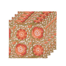 Load image into Gallery viewer, Zinnia Block Print Napkins, set of four, cotton napkins with hand block-printed floral pattern in coral and peach on an olive background, displayed overlapping on a white background. 