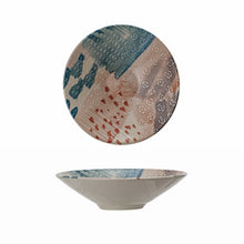 Load image into Gallery viewer, Abstract Design Stoneware Bowl, round stoneware bowl with abstract blue, blush, terracotta, and cream interior design with small floral motifs, white exterior, shown in overhead and side profile views against white background. 