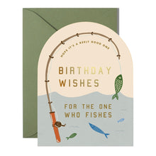 Load image into Gallery viewer, Fishing Reely Good Birthday Card, arched die-cut greeting card with illustrated fishing rod, fish, and water design, gold foil Birthday Wishes text, olive green envelope, displayed on white background. 