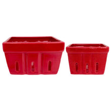 Load image into Gallery viewer, Red berry bowl set in two sizes, large and small, with slotted sides and textured detail on the small bowl, displayed on a white background. 