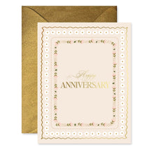 Load image into Gallery viewer, Happy Anniversary Album Card, cream anniversary card with gold Happy Anniversary text, pink floral stem border, white floral border, gold scalloped edge detail, and glittery gold envelope against white background. 