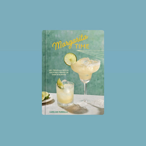 Book cover of Margarita Time by Caroline Pardilla featuring two margarita cocktails garnished with lime slices on a light surface against a green textured background with yellow lettering. Book against a light blue background. 