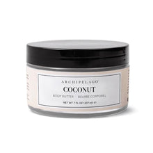 Load image into Gallery viewer, Archipelago Coconut body butter in clear jar with black lid and white label.
