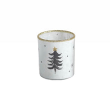 Load image into Gallery viewer, White tea light holder with a gold glitter rim and a black flared Christmas tree design topped with a gold star, displayed on a white background. 