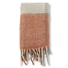 Load image into Gallery viewer, Handloom Woven Plaid Throw Blanket, folded gray, cream, and rust handloom woven plaid throw blanket with a subtle herringbone pattern and long multicolored fringe ends, displayed against a white background. 