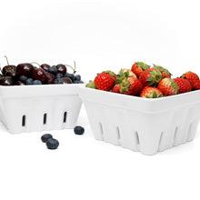 Load image into Gallery viewer, White berry bowl set in two size, large filled with strawberries and small filled with cherries and blueberries, slotted sides, displayed on a white surface. 