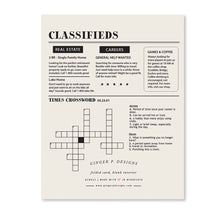 Load image into Gallery viewer, Retirement Times Card back with black and white newspaper-style classifieds layout, crossword puzzle design, and printed brand details against white background. 