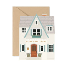 Load image into Gallery viewer, Home Sweet Home Die-Cut Folded Card with house-shaped design, white house, dusty blue shutters, light gray roof, floral window boxes, and beige envelope against white background.  