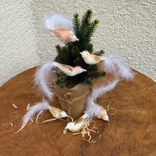 Load image into Gallery viewer, Small green fir tree wrapped in brown paper , and tied with brown twine. Tree is decorated with three glass clip-on bird decorations. Birds have a white and pink body with gold glitter, and white feather tails. Tree is on a brown tabletop. with three matching glass clip-on birds. Against a white textured wall. 