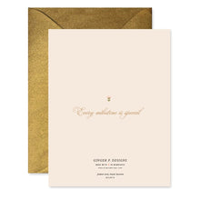 Load image into Gallery viewer, Happy Anniversary Album Card, back of cream anniversary card with gold script Every milestone is special text, small pink floral accent, printed brand details, and glittery gold envelope against white background.