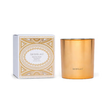 Load image into Gallery viewer, Metallic gold Winter Frost scented candle with matching decorative white and gold box, displayed on a plain white background. 