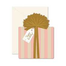 Load image into Gallery viewer, Happy Birthday Present Card, present-shaped greeting card with illustrated pink and cream vertical striped gift wrap design, oversized gold bow and ribbon, Happy Birthday tag, and ivory envelope, displayed on white background.  