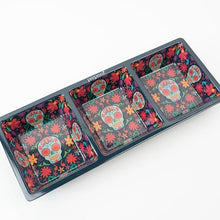 Load image into Gallery viewer, Day of the Dead Sectional Taco Tray, melamine ,three compartments, featuring aqua sugar skull and colorful floral design on black background, displayed on white background.