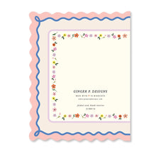 Load image into Gallery viewer, Mother's Day Scallop Greeting Card, back of cream greeting card with colorful floral trim, blue wavy trim, and pink scalloped border, against white background. 