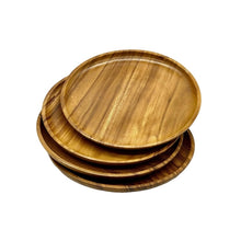Load image into Gallery viewer, Acacia Plate Set of four round acacia wood plates stacked with natural wood grain detail against a white background. 