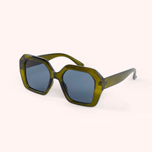 Load image into Gallery viewer, Nerrisa Forest Sunglasses, chunky hexagonal polycarbonate frames in forest green with thick rims and dark tinted lenses, angled side view against a white background.