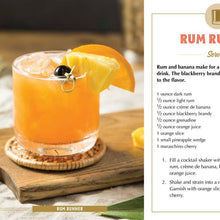 Load image into Gallery viewer, Summer Sips By Adams Media, Rum Runner recipe card featuring an orange cocktail in a short glass filled with ice, garnished with an orange slice, pineapple wedge, and a dark cherry pick, resting on a woven coaster atop a wooden board beside a printed recipe. 